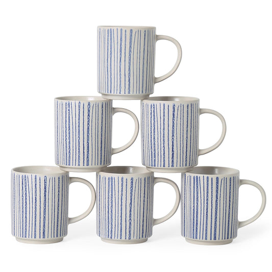 ALOFMO Ceramic Mugs Set of 6, Modern 17oz Coffee Mugs, Stackable Coffee Cups with Handpainted Blue Stripe Pattern, Dishwasher and Microwave Safe Mugs for Home & Office