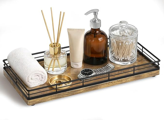 Bathroom Vanity Tray â 12" x 6" Decorative Wooden Tray for Toilet Tank Organizer Wood Tray for Bathroom Countertop, Soap, Perfume & Accessories Storage Vanity Dresser Decor Black & Rustic Brown