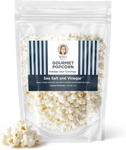 Renée’s Sea Salt and Vinegar™ Gourmet Popcorn -tangy slightly sour vinegar and pure sea salt, creates a classic combo elevated on fresh popped corn, snack or gift – resealable, 4oz bag.