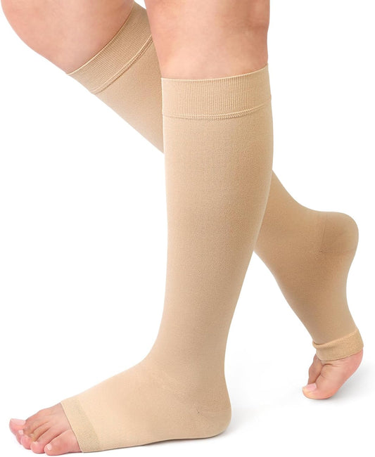 Beister Medical Compression Socks for Women & Men, Open Toe Knee High Calf, Firm 20-30 mmHg Graduated Support Hosiery for Varicose Veins, Edema, Flight, Pregnancy (A Pair)