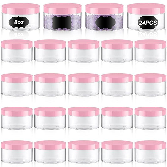 Dandat 24 Pcs 8 oz Plastic Jar Container with Lid and Label Refillable Empty Round Clear with Pink Pet Cosmetic Sample Slime Containers for Lotion, Cream, Ointments, Body Butter, Makeup Travel Storage