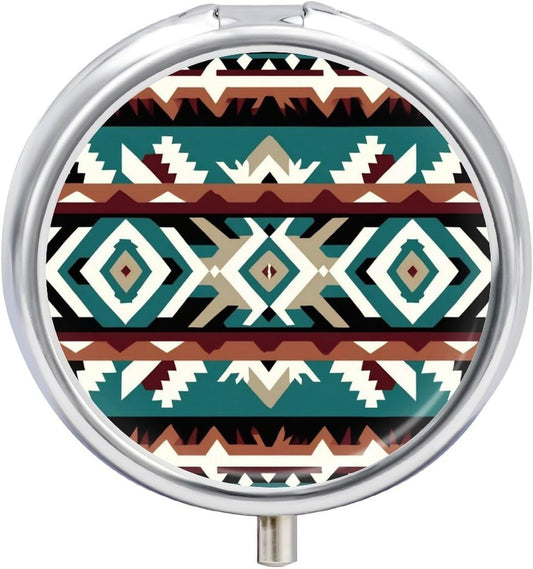 3 Compartment Pill Box, Round Medicine Pill Case, Cute Travel Pill Case, Decorative Portable Organizer for Pocket Teal Turquoise Tribal Navajo Aztec Geometric Ethnic Pattern
