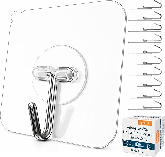 GLUIT Adhesive Wall Hooks for Hanging Heavy Duty 22 lbs Hooks for Walls No Damage, Towel Sticky Clear Hook, Waterproof, Home, Bathroom, Kitchen, Office, and Outdoor 10 Pack