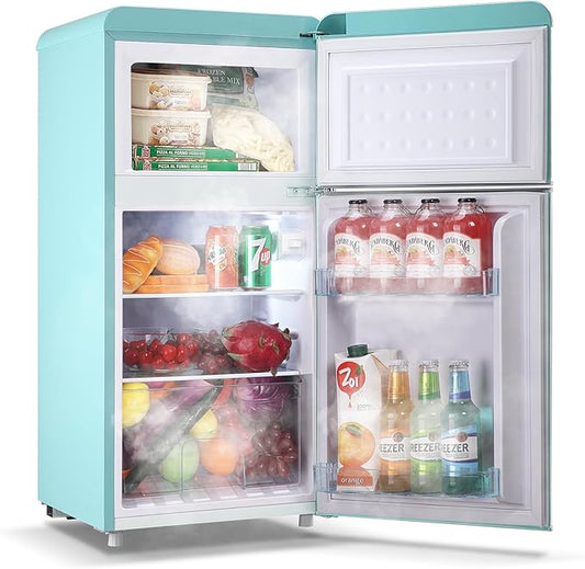 Small Refrigerator with Top Freezer 100Liter Retro Mini Fridge with Adjustable Glass Shelving, 7 Temperature Control and LED Lighting, Retro Mint Blue