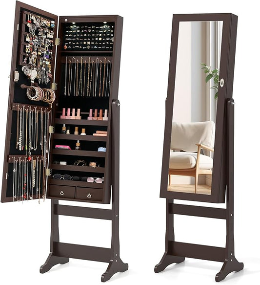 Giantex 2 LEDs Standing Jewelry Cabinet with Full Length Mirror, Lockable Mirrored Jewelry Armoire with 2 Drawers, 4 Adjustable Angles, Jewelry Storage Organizer, Brown