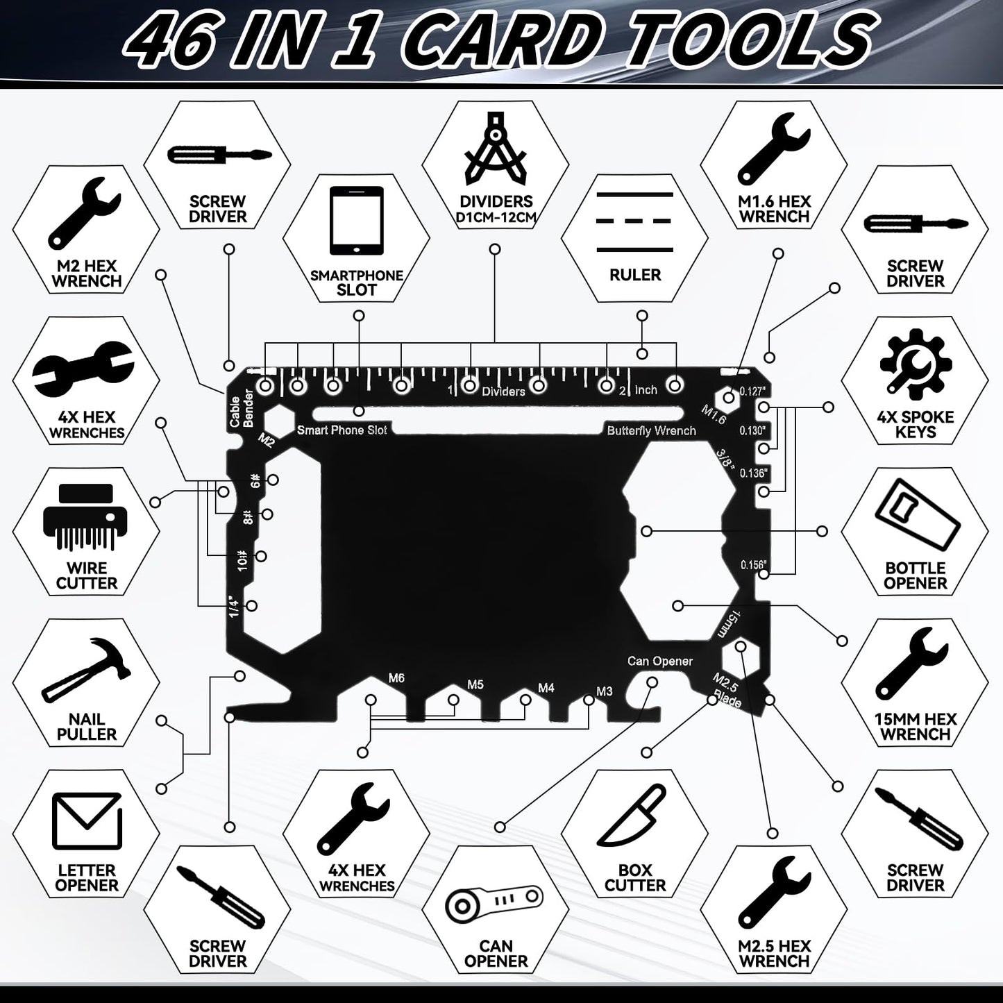 Cholemy 24 Pcs Credit Card Wallet Multitool 46 in 1 Metal Stainless Steel Survival Pocket Tool Bottle Opener Multipurpose for Husband Dad Men Christmas Birthday Gift, Black