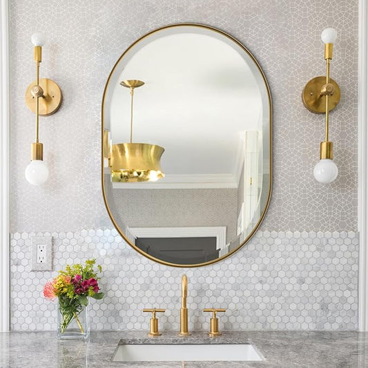 POZINO Oval Mirror Over Sink, Brushed Gold Beveled Bathroom Mirror, 22"x30" Vanity Wall Mirrors with Stainless Steel Frame, Brass Modern Rounded Mirrors for Bedroom Living Room Entryway
