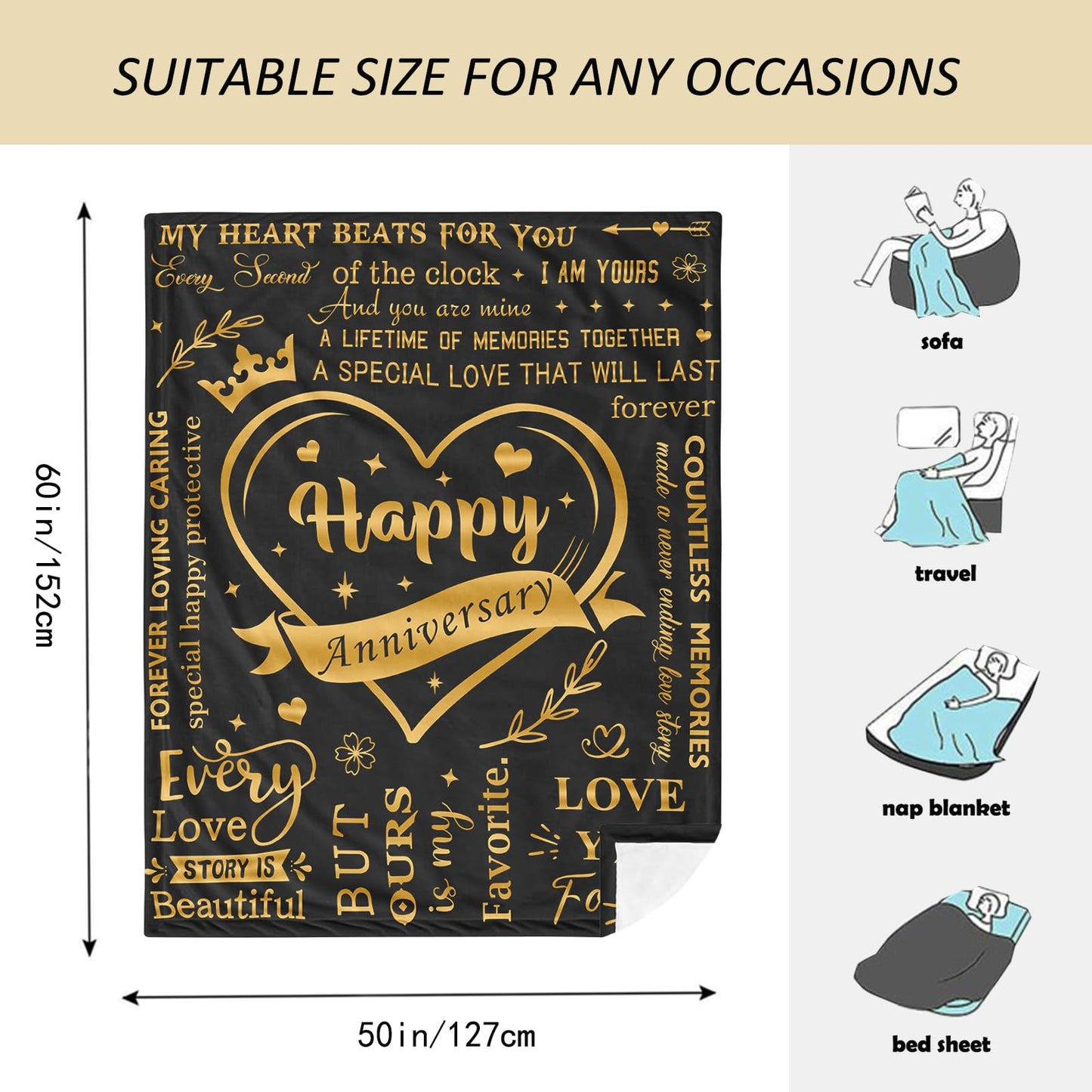 Amonee-YL Happy Anniversary Blanket 50"X60", Annual Romantic Gifts for Him/Her, Gift for Wife/Husband/Boyfriend/Girlfriend Anniversary, Anniversar Wedding Gifts for Women/Men