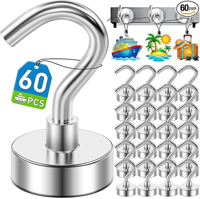 60 Pack Magnetic Hooks for 2026 Cruise Cabins Beach Vacation 30lbs+ Heavy Duty Magnet with Hook Metal Magnetic Hooks for Kitchen Fridge Grills Hanging Magnet Hooks for Classroom Locker Whiteboard