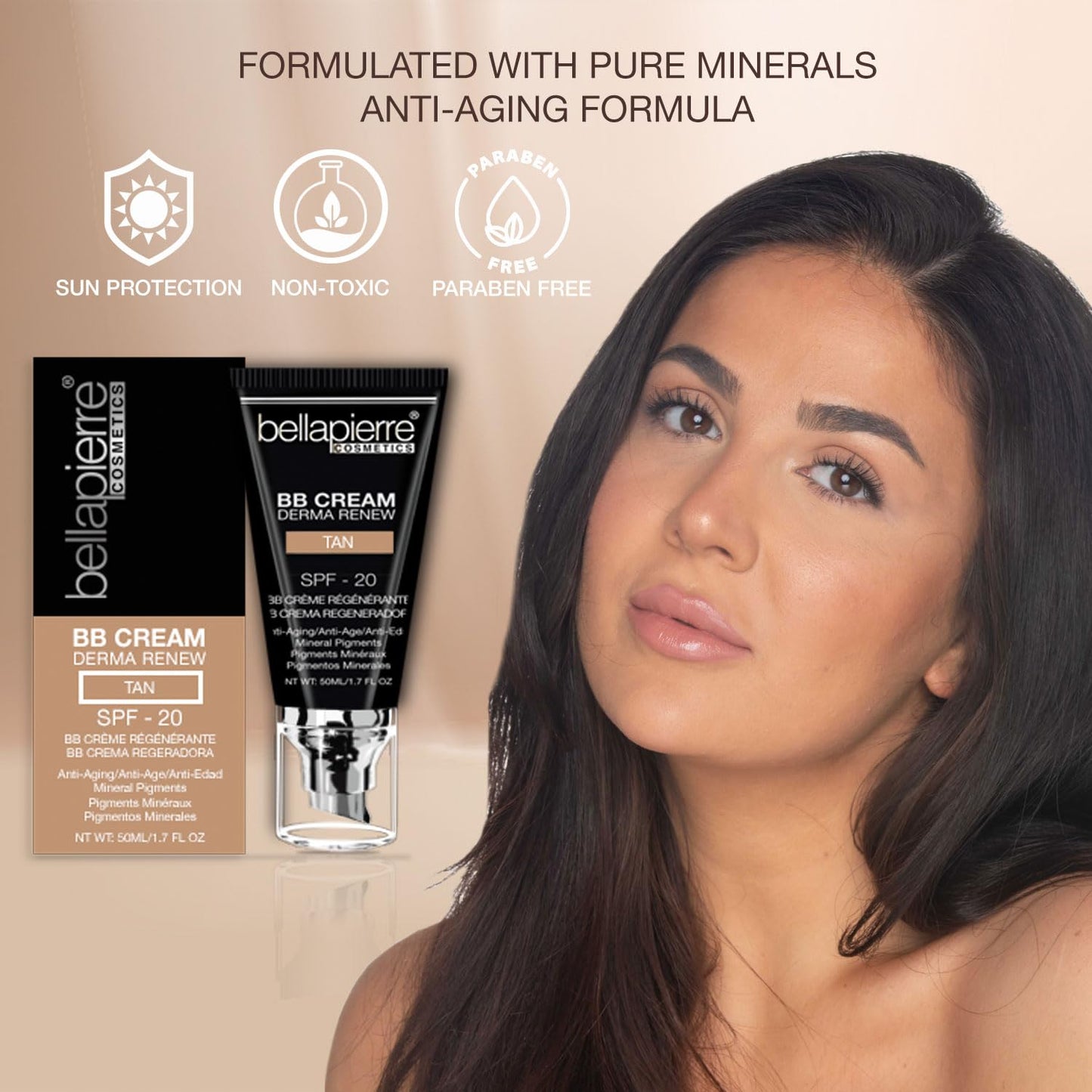 bellapierre BB Cream with SPF 20 - Tinted Sunscreen, Concealer, Foundation, & Moisturizing Face Cream | Lightweight Formula + Pump Top Applicator | Non-Toxic & Paraben Free | 1.7 Oz - Medium Cool