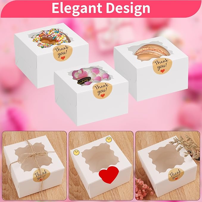 WINKIO 48pcs White Cookie Boxes, 4x4x2.5 Inches Bakery Boxes with Window, for Mini Cake Treat Dessert Pastry Donuts Macaroon Strawberries Chocolate Candy (with Stickers)