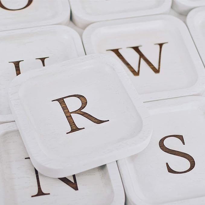I'm Wooden Personalized Letter Catchall Valet Tray Trinket Dish Jewelry Tray Key Bowl Decorative Plate Organizing Ring Earrings Necklaces Bracelet Watch Coins Wallet Holder (6"x6" Sq White O)
