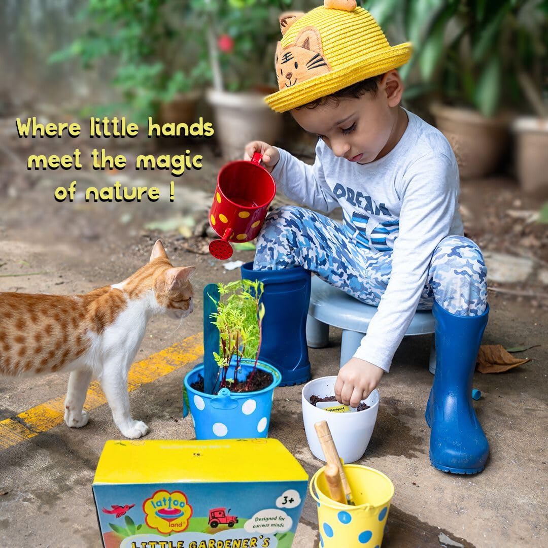Lattooland Little Gardener's Kit | Complete Gardening Kit for Children 3-8 Year Old| Gardening Tools, Metal planters, Metal Watering can, Soil, Seeds, | Flower Grow Set | Birthday Gift Multicolor