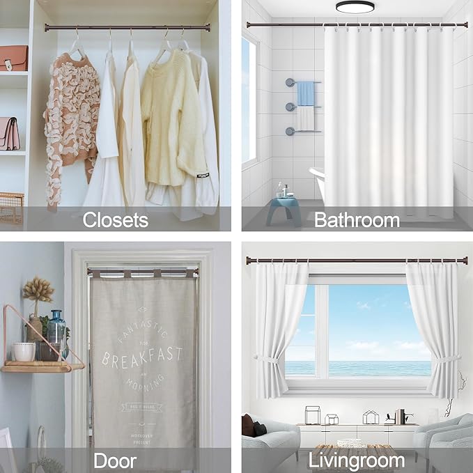 Thestoa Brown Shower Curtain Rod Adjustable 43-66 inch, 1"Diameter Spring Tension Curtain Rod No Drill, Anti-Rust Non-Slip Shower Rod for Bathroom Tension Rod