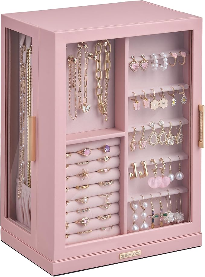 360Â° Rotating Jewelry Box with 7 Drawers, Spacious Vertical Jewelry Organizer with Glass Window, Jewelry Storage Case, Dustproof & Moisture-resistant Design, Pink