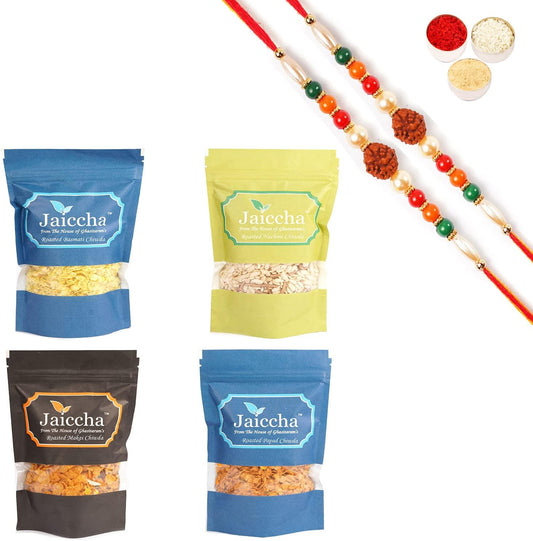 Jaiccha Ghasitaram Rakhi Gifts for Brothers - Best of 4 Chiwdas Basmati, Makai, Papad and Nachini Chiwda Pouches with 2 Rudraksh Rakhis