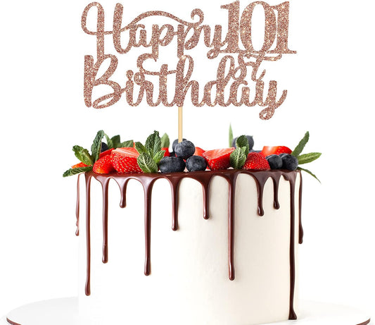 Happy 101st Birthday Cake Topper, 101st Birthday/Anniversary Party Supplies, Cheers to 101 Years Party Decoration - Rose Gold Glitter