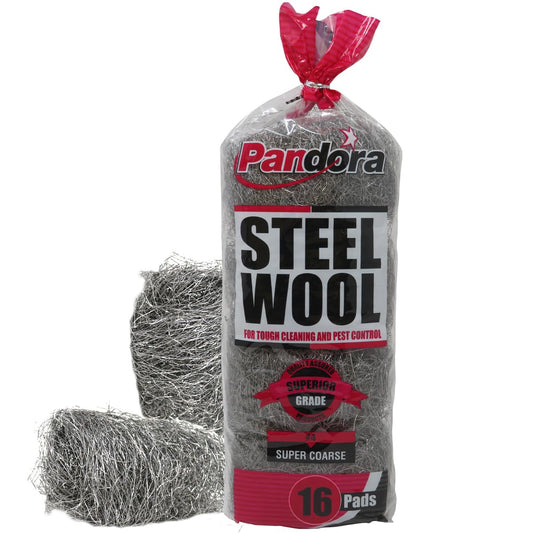 Pandora Steel Wool #4 – Extra Coarse Grade, 16 Pads for Tough Cleaning and Pest Control - Quality Metal Strands - Ideal for Removing Stubborn Paint, Rust, Dirt, and Varnish
