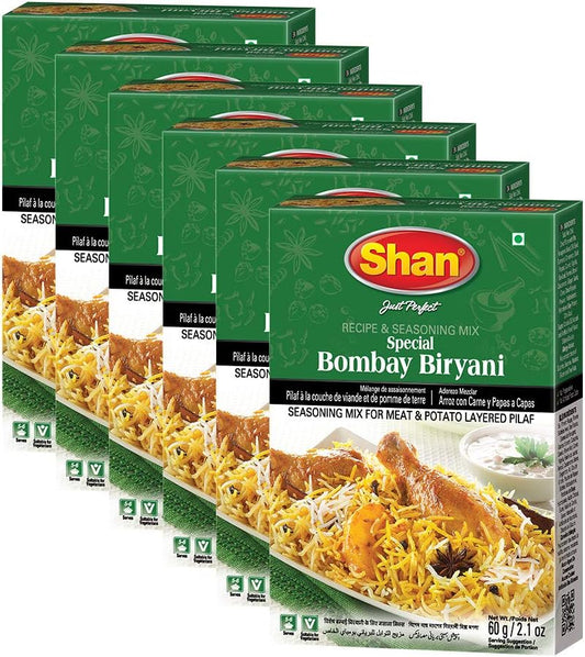 Shan Bombay Biryani Recipe and Seasoning Mix 2.11 oz (60g) - Spice Powder for Meat and Potato Layered Pilaf - Suitable for Vegetarians - Airtight Bag in a Box (Pack of 6)
