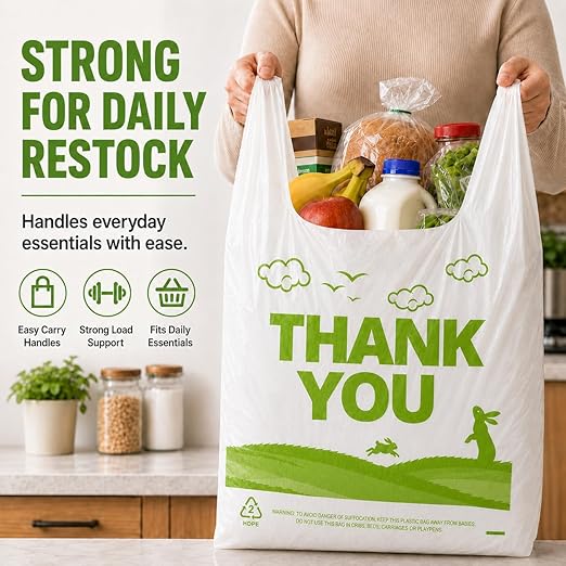 YoYoRain 1000 Pack White Design Thank You T-Shirt Bags with Handles, 11"x6"x21" Plastic Shopping Bags for Grocery, Retail & Takeout