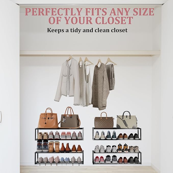 3 Pack Expandable Wall Mounted Shoe Rack, 17"-31" Adjustable Hanging Shoe Rack Holds 24 Pairs, Heavy Duty Metal Shoe Holder with 6 Storage Hooks, Space Saving for Entryway Closet Doorway（Black