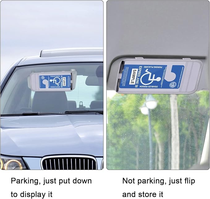 Handicap Placard Holder for Auto, Wisdompro Disabled Parking Permit Sign Protector for Car Sun Visor with Note Paper Slot, Pen Holder and Elastic Strap - Gray