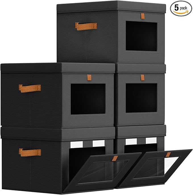 Storage Bins with Lid â Closet Organizer with Side Opening and Clear Window, Foldable Stackable Fabric Basket for Clothes, Home, Office - 13.77" x 11.8" x 9.8", 5 Pack, Black