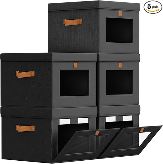 Storage Bins with Lid â Closet Organizer with Side Opening and Clear Window, Foldable Stackable Fabric Basket for Clothes, Home, Office - 13.77" x 11.8" x 9.8", 5 Pack, Black