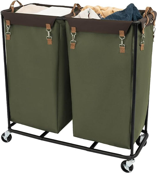 StorageWorks 390L Extra Large Laundry Hamper with Wheels, 2 Sections Laundry Basket with Wheels, Clothes Sorter Cart with Divider for Hotel, Home, Green, 37.75"L x 17"W x 37.5"H