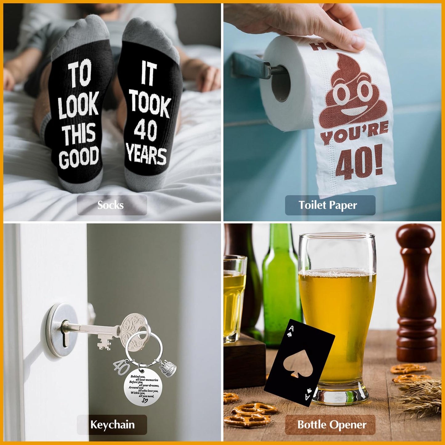 40th Birthday Gifts for Men Whiskey Glass Set, 40th Birthday Party Supplies with 11 Oz Whiskey Glass Coaster Stone Baseball Cap Apron Sock Funny Toliet Paper Keychain for Him, Dad, Husband, Friends