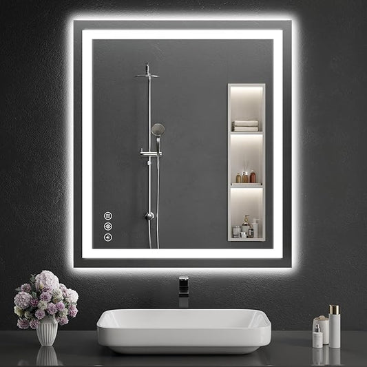 LED Bathroom Mirrors 32"x36" Bathroom Mirror with Lights for Wall, Backlit + Front Lit, 3 Colors, Anti-Fog, Dimmable Brightness for Vanity,Bathroom, Entryway, Living Room