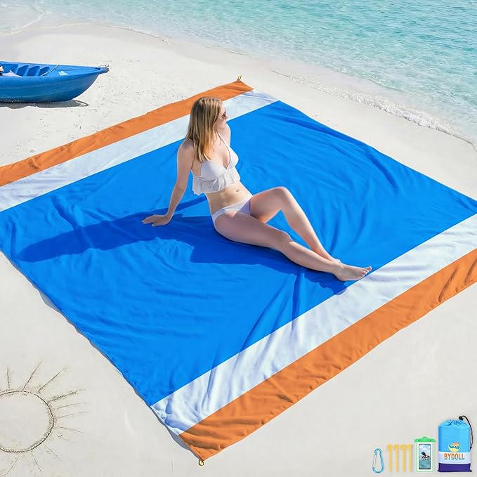 BYDOLL Beach Blanket 78''Ã81'' 4-7 Adults Oversized Lightweight Waterproof Sandproof Beach Blanket Large Picnic Mat for Travel Camping Hiking Picnic