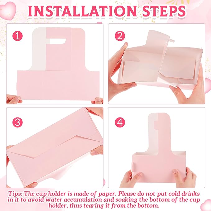 MotiMind 8 Pack Mother's Day 2 Cup Drink Carrier with Handle, Kraft Paperboard Teacher Cup Holder Portable for Hot Cold Drinks, Coffee Carrier Gift with Heart Card Rope (White,Pink)