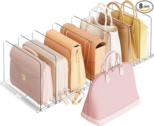 Criusia Adjustable Closet Purse Organizer Rack â 28.8" Extra-Long Shelf Divider with 6 Base Panels & 8 Dividers â Non-Slip Handbag Holder for Bags, Clothes, Kitchen, Office