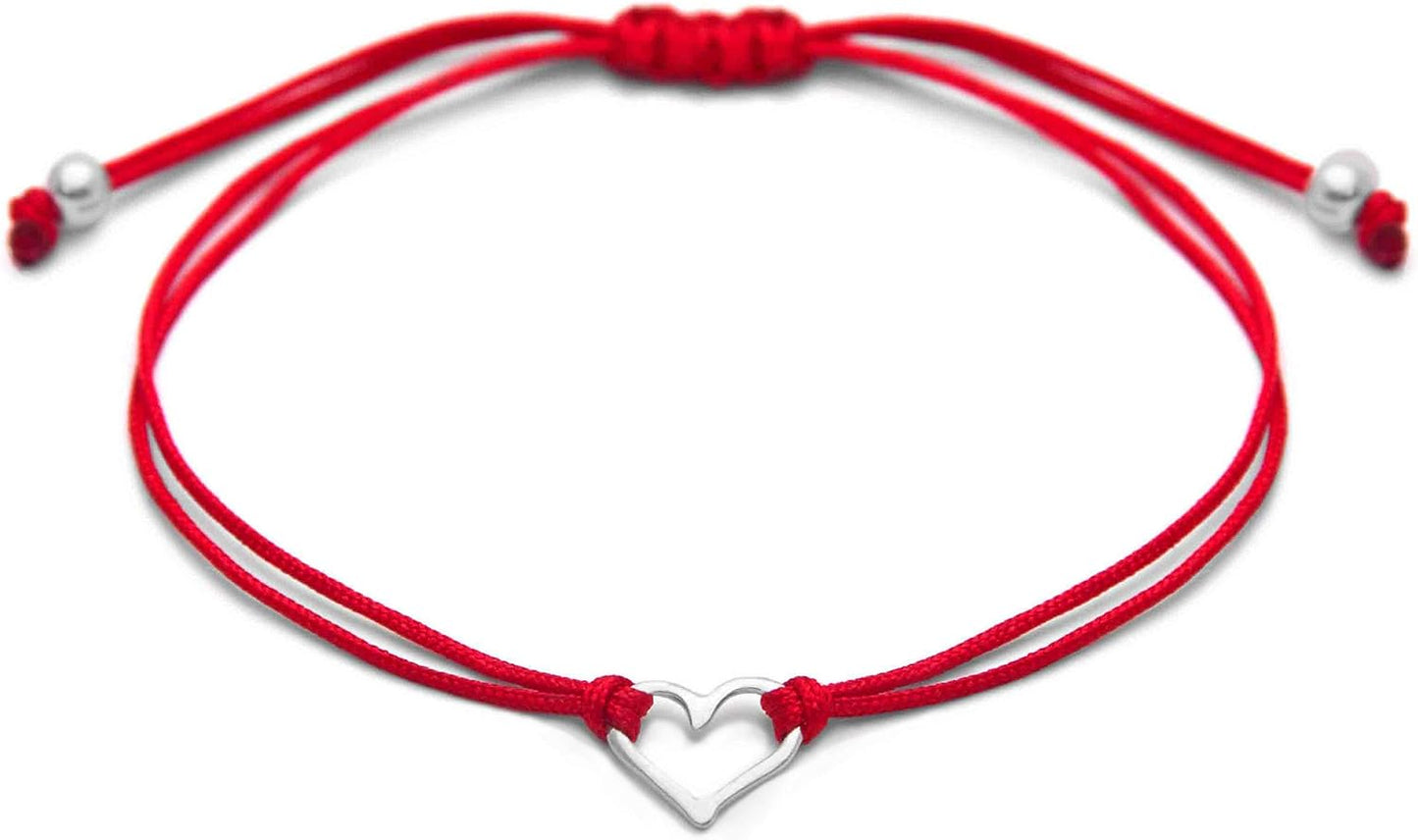 Red Thread Womens Friendship Bracelet, Small Sterling Silver 925 Open Heart Shaped Charm, Pull Adjustable Kindred Cord, Handmade. Perfect Small Gift