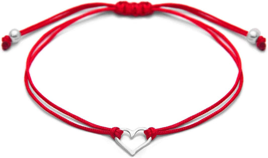 Red Thread Womens Friendship Bracelet, Small Sterling Silver 925 Open Heart Shaped Charm, Pull Adjustable Kindred Cord, Handmade. Perfect Small Gift