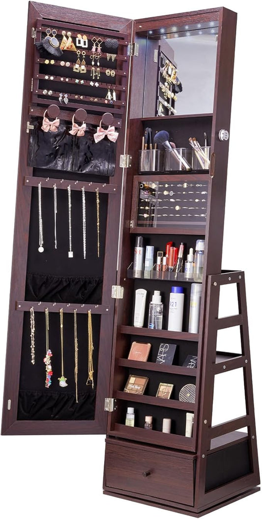 VEVOR 360Â° Swivel Jewelry Cabinet Armoire, 63-Inch Tall Lockable Jewelry Organizer with Full-Length Mirror, LED Light, Velvet Lining, Drawer, Freestanding, Brown