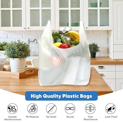 LimonLaviu Plastic Bags - 300 Pack (11.5'x 6.5" x 21') with Handles for Small Business, Restaurants, Grocery & Trash