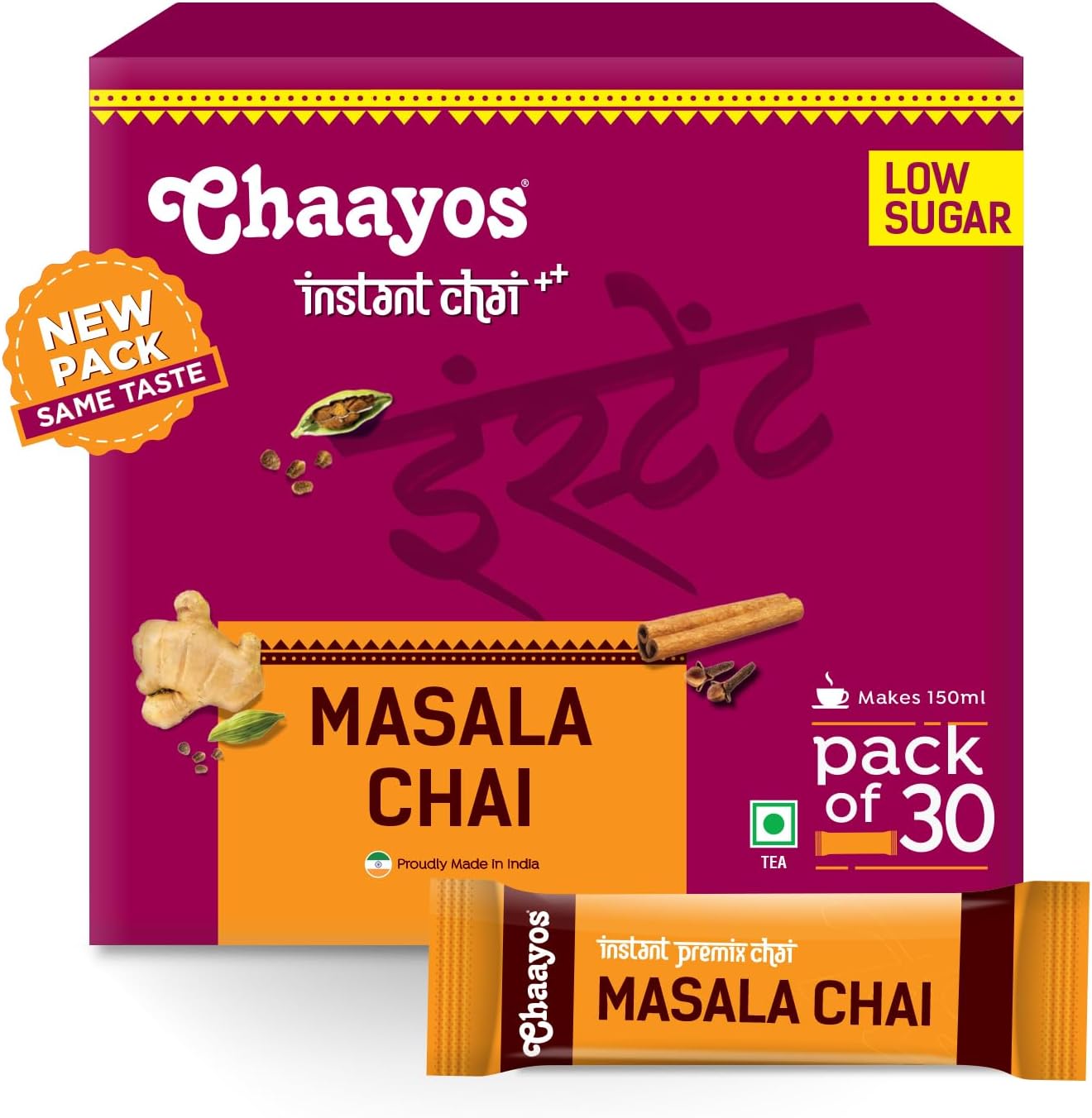 Chaayos Instant Tea Premix - Masala Flavour - Low Sugar (30 Sachets) | Instant Tea | Tea Premix | Masala Tea | Masala Chai | Assam Tea | Flavored Tea | Tea Masala Mix