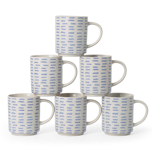 ALOFMO Coffee Mugs Set of 6, 17oz Ceramic Mugs with Handpainted Blue Gray Stripe Pattern, Modern Stackable Coffee Cups, Dishwasher and Microwave Safe Mugs for Home & Office