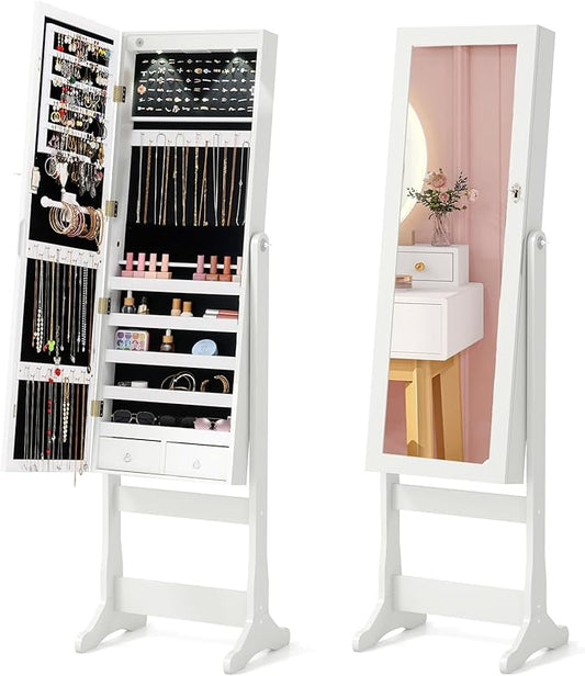 Giantex Standing Jewelry Armoire, Lockable Jewelry Cabinet with Full Length Mirror, LED Lights, 4 Tilt Angle Adjustable, Mirror with Jewelry Storage, Standing Jewelry Organizer with Drawers, White