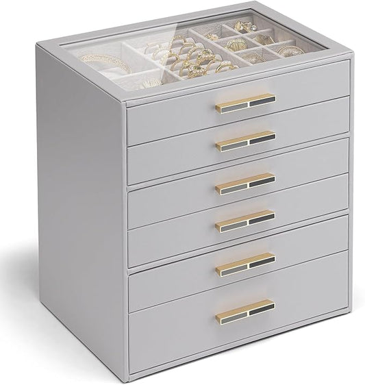 Vlando 6 Layer Jewelry Box for Women, Glass Lid Jewelry Organizer with 6 Drawers for Necklaces Rings Earrings Bracelets - Grey