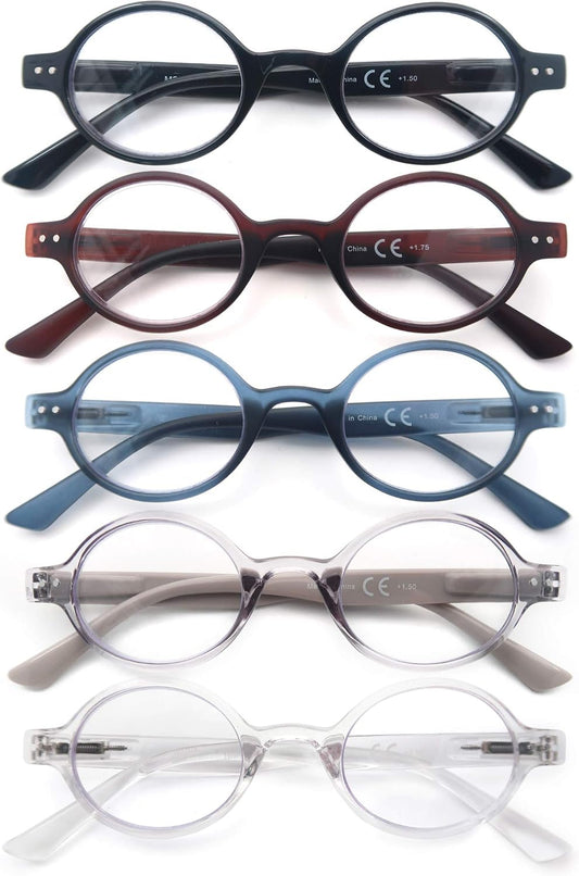 HEEYYOK 3.0 Round Reading Glasses For Women Men 5-Pack,Spring Hinge,Retro Mini Comfort Circle Mens Readers for small face women