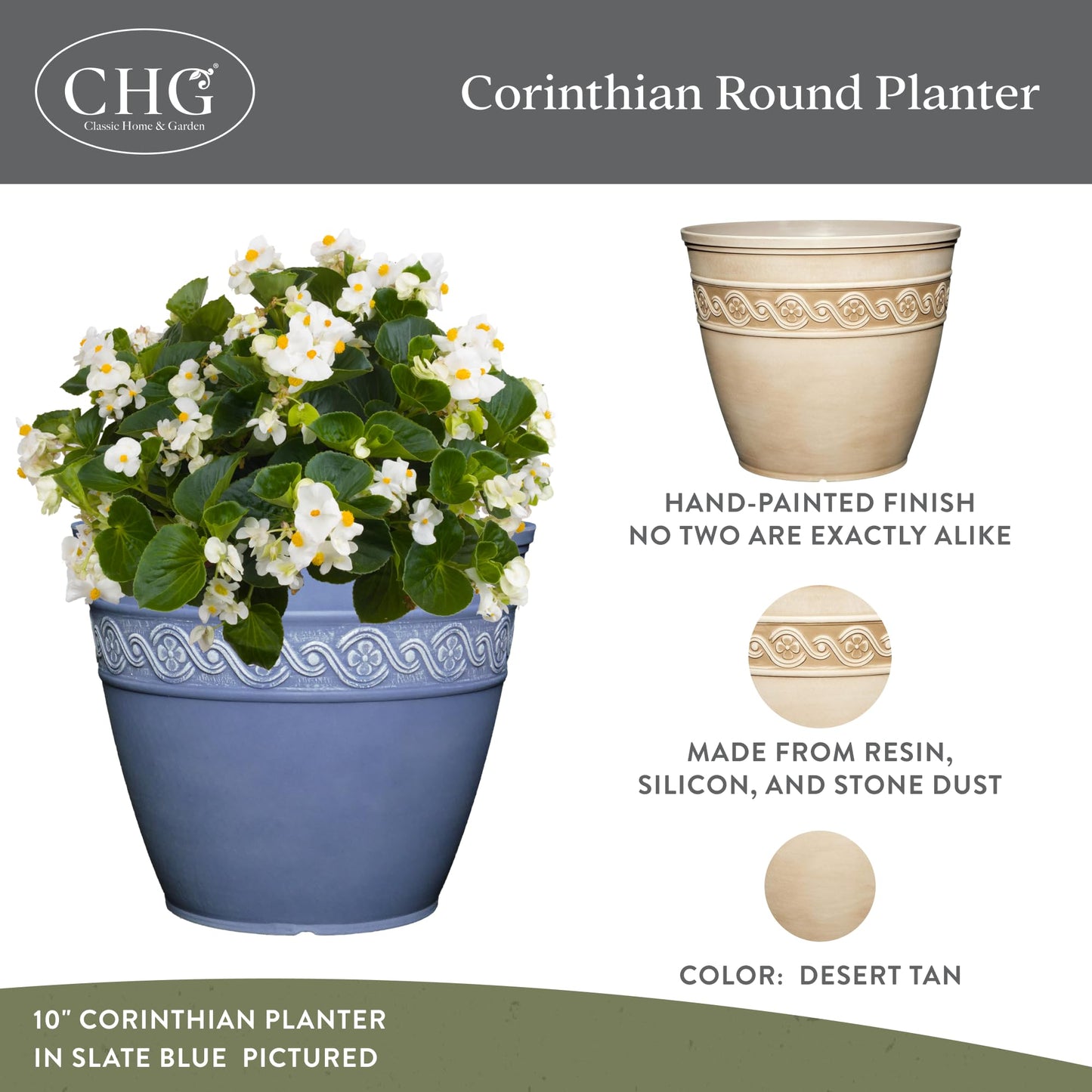 Classic Home and Garden Corinthian Resin Flower Pot Planter, Desert Tan, 8""