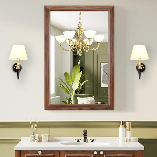 Bathroom Mirror for Over Sink,24x36Inch Thick Anti-Rust Wood Grain Metal Frame, Rectangle Decorative Wall Mirror with HD Tempered Glass, Horizontal or Vertical Mount for Vanity, Bathroom,Living Room