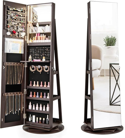 Mirror Jewelry Cabinet Standing with Full Length Mirror, 360Â° Swivel Jewelry Armoire with 3-Color LED Lights & Foldable Makeup Shelf, Lockable Organizer for Women, Space-Saving (Espresso)