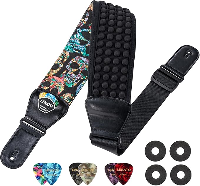 LEKATO Guitar Bass Strap for Electric Guitar Bass, 3" Wide Padded Guitar Strap Neoprene Pad with 3D Sponge Filling Adjustable Length from 45" to 55" with Strap Locks, Picks, Cool Skull