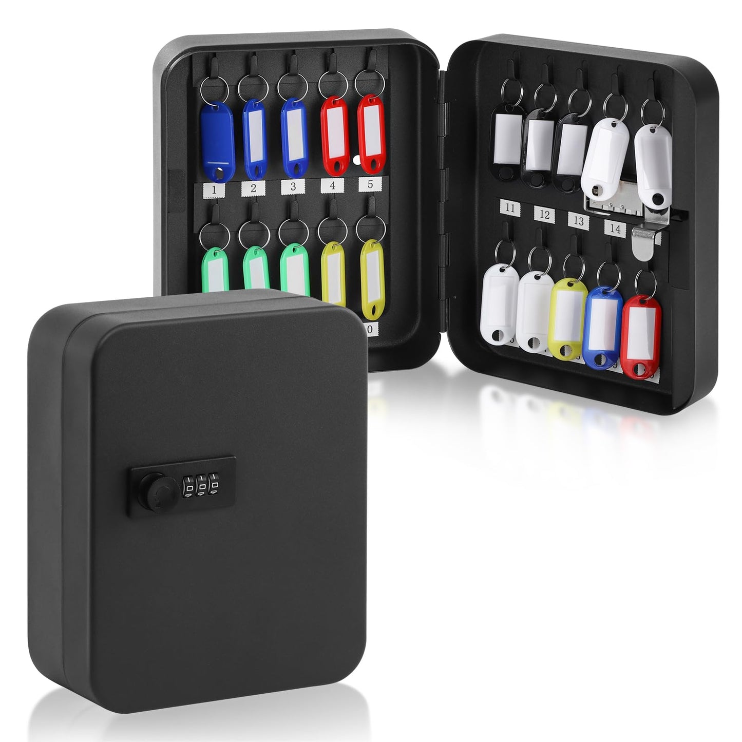 KYODOLED 20 Key Storage Lock Box with Code, Key Cabinet Organizer Wall Mount with Combination Lock, Hooks & Labels for Home, Office & Rental Properties, 7.87 x 6.3 x 3.14 in, Black