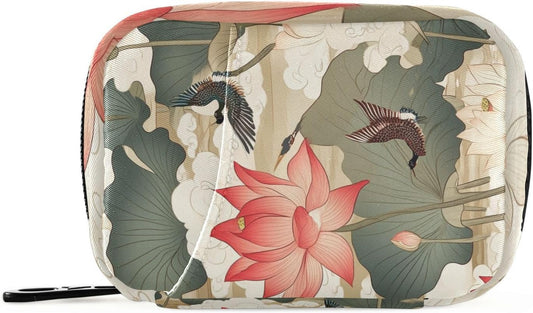 Elegant Lotus Flowers Crane Travel Pill Organizer Case Box Container Weekly Portable Vitamin Medicine Holder Storage Bag with Zipper Removable