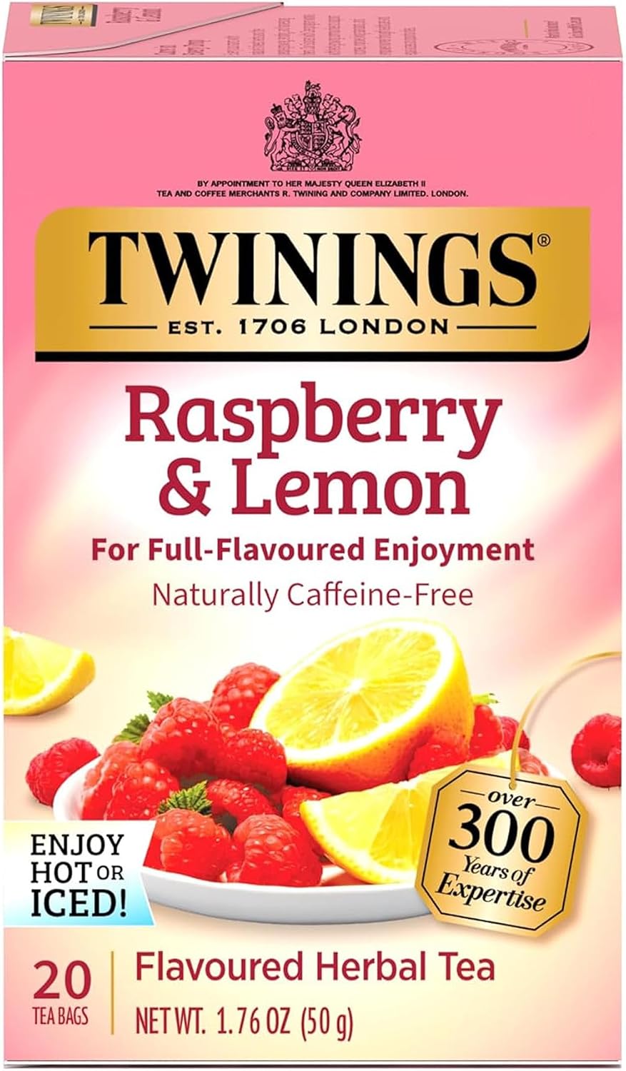 Twinings Raspberry & Lemon Herbal Tea Individually Wrapped Bags, 20 Count (Pack of 1), Unsweetened, Refreshing & Fruity, Naturally Caffeine-Free, Enjoy Hot or Iced, 20 Teabags